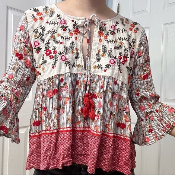 Raga Anthropologie Blouse Floral Boho Tassels Flowy Hippie Oversized Size Medium - Picture 2 of 8